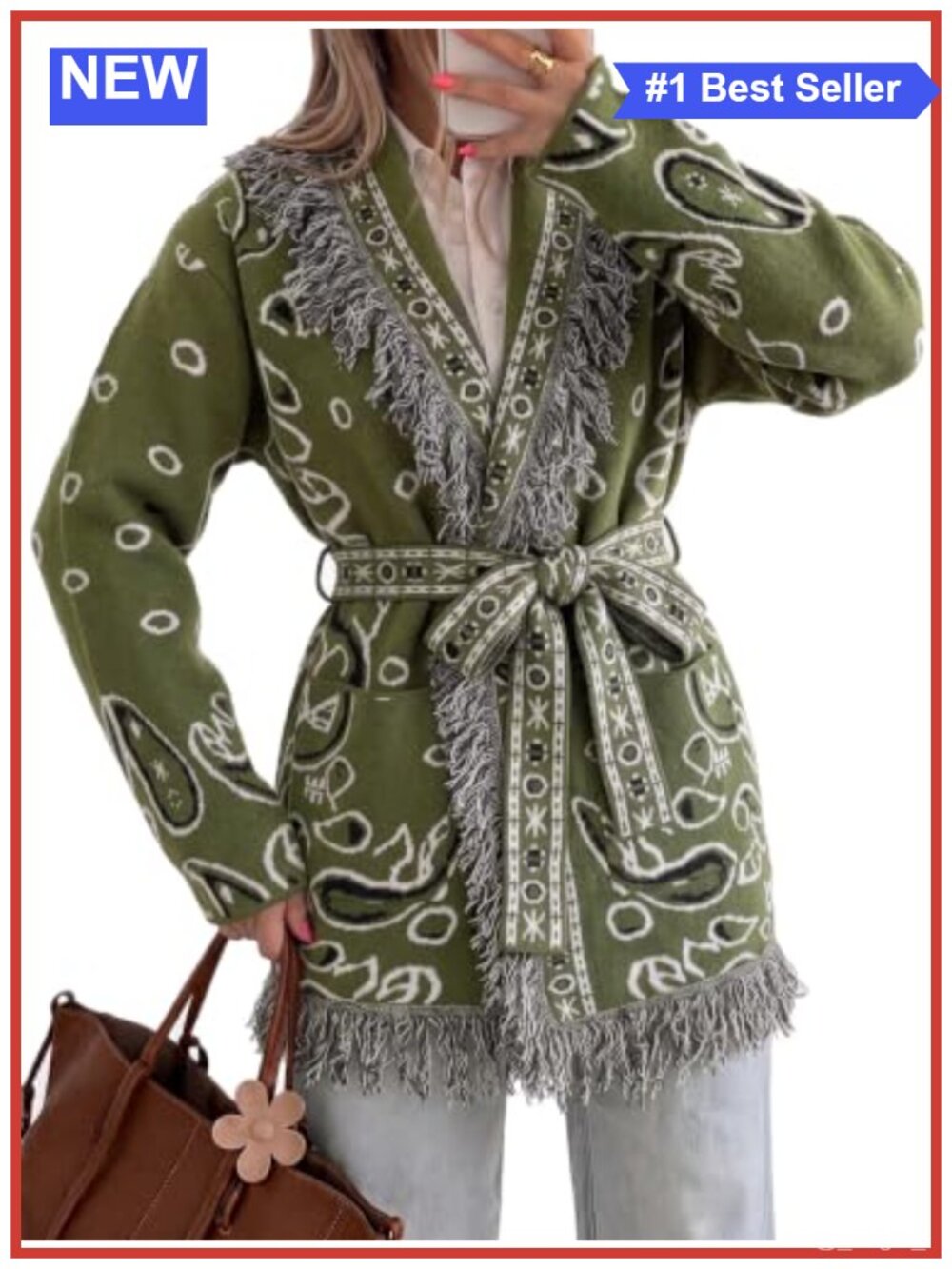 Fringe Cardigan Long Sleeve Paisley Sweaters with Belt